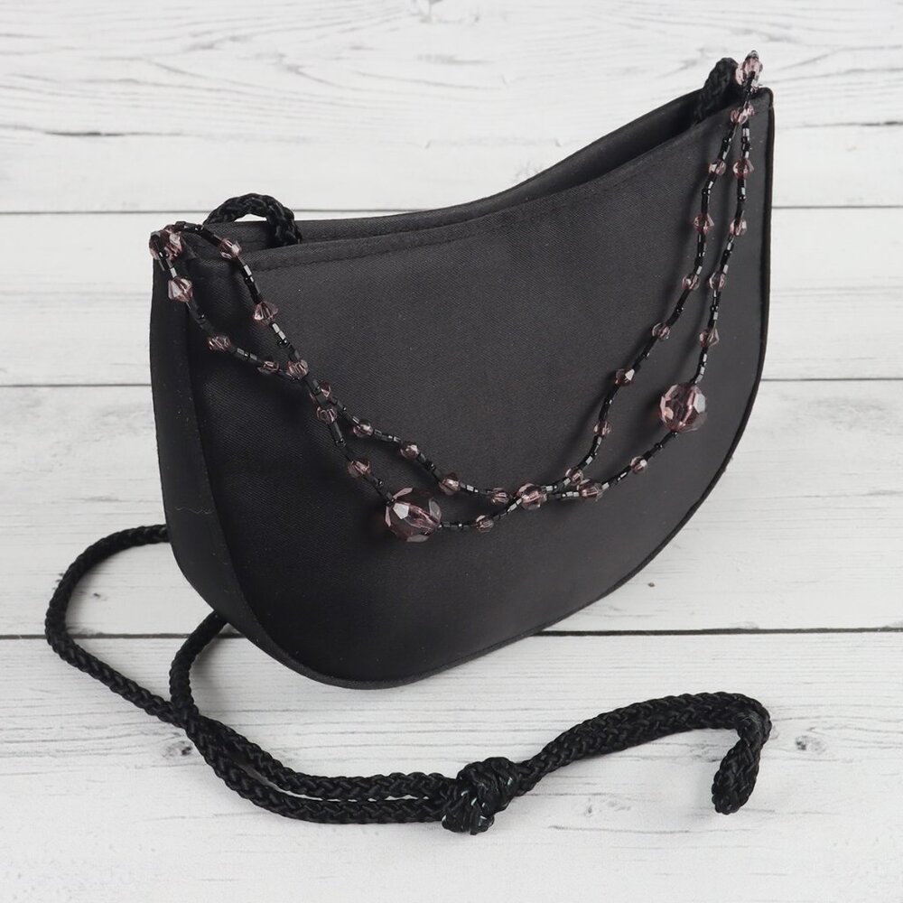 La Regale Black Satin Mini Crossbody or Clutch Bag Beaded Tassels Button Closure - Picture 4 of 8